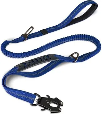 Produktbild von Taktische Hundenleine - Robuste schockabsorbierende Bungee-Leine von 1,2 bis 1,8 m - Metallkarabiner - Autosicherheitsgurt - Für mittelgroße und große Hunde - Schwarz