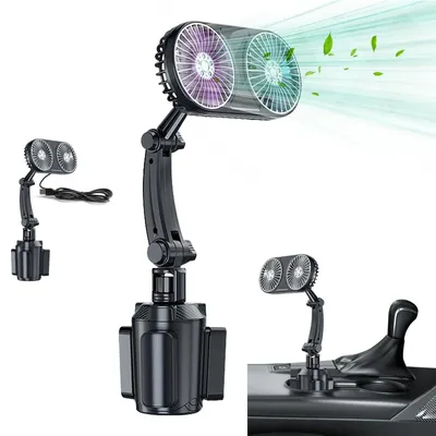Produktbild von Doppelkopf Auto Ventilator 12V 24V für Getränkehalter USB Autoventilator 3 Stufen & LED Ambientebeleuchtung 360° Drehbar Kfz Lüfter für PKW LKW SUV