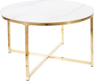 A round coffee table with a white marble top and gold metal legs.