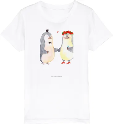 Produktbild von Mr. & Mrs. Panda Kleinkinder T-Shirt Pinguin Heirat 7-8 Jahre (122/128) - Weiß - Geschenk, Kinder-T-Shirt, Freundin, Verheiratet, Paar, für Kinder, Hochzeit, Teenager