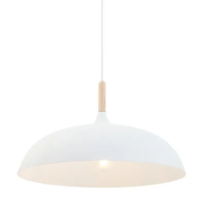 A white pendant light with a wooden accent, isolated on a white background.