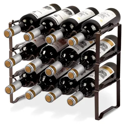 Produktbild von Weinregal aus Metall, stapelbar für 12 Flaschen, geeignet für Keller, Bar und Lagerraum, stabiles und modular erweiterbares Flaschen- und Weinlager (3 Etagen)