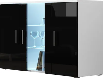 Produktbild von Furniture24 Kommode mit Blauer LED Beleuchtung SOHO S7 Sideboard Schrank Wohnzimmerschrank mit 3 Türen Weiß/Schwarz Hochglanz