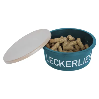 A teal bowl filled with pet food pellets, with a light-colored lid placed next to it.