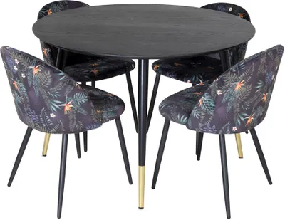 Image de DippØ115BLBR ensemble table, table noir et 4 Velvet chaises Velours fleuri.