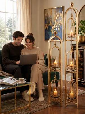 Produktbild von Stehleuchte Laterne Gold Design Doppelglas Industrial Lampe Deko