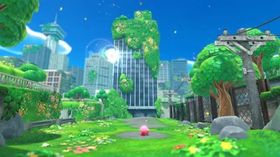A vibrant, overgrown cityscape with a small pink character in the foreground.