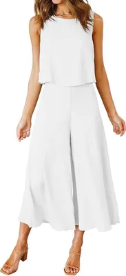 Produktbild von ASKSA Damen 2 Teiliges Outfit Sommer Ärmellos Rundhals Tank Top Weite Beinhose Freizeitanzug Zweiteiler, Weiß, M