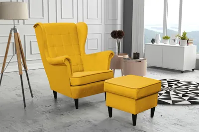 Produktbild von Kaiser Möbel Elegantní set, dřevěný rám, sada křídlových židlí + podnožka, látka Velutti žlutá