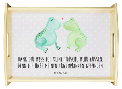Produktbild von Mr. & Mrs. Panda Tablett Frosch Liebe - Grau Pastell - Geschenk, Servier, Serviertablett, Hochzeitstag, Dekotablett, holz, Frösche, sofatablett, Hocheitstag, Verliebt