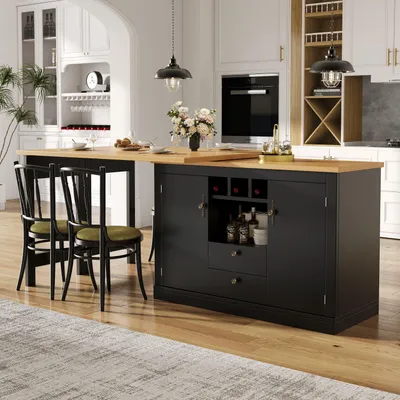 Image de Table de bar extensible Merax avec 6 tiroirs, pivotante à 360°, meuble de rangement, table de bar mobile, table à manger, bureau, salon, noir