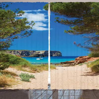 Zdjęcie produktu dla ARANDE Zasłona plażowa, widok na Cala Algaiarens z klifu Sand Bahn w wodzie, wyspa Minorka, Europa, 280 x 260 cm, wielokolorowa