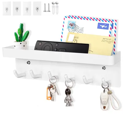 Productafbeelding van Sleutelhouder met 6 haken, sleutelbord zonder boorgaten, sleutelrek van metaal, brievenhouder, wit
