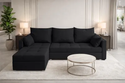Produktbild von AX LIVING Ecksofa ELIF Schwarz mit Schlaffunktion L-Form, Sofa mit Bettkasten - Moderne Ecksofa, Wohnzimmer Ecksofa - Eckcouch Schwarz - Links