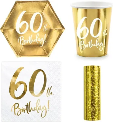 Produktbild von Party Geschirr 60. Geburtstag gold Partyset Einweggeschirr 60 Jahre Teller Becher Servietten