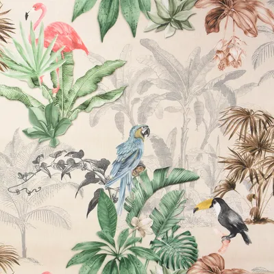 Produktbild von Outdoorstoff Meterware Polyacryl Teflonbeschichtung Palmen Papagei Flamingo beige bunt 140cm