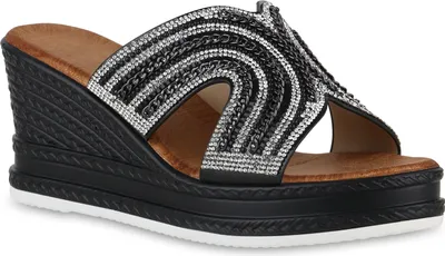 Produktbild von VAN HILL Damen Pantoletten Sandaletten Strass Ketten Plateau Vorne Schuhe 840997, Farbe: Schwarz, Größe: 40