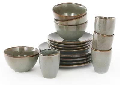 Productafbeelding van Mica Decorations Tabo Serviesset 16-Delig Groen - Keramische Borden voor 4 Personen - Complete Set met Mokken en Schaaltjes - Handgemaakt Botanisch Design - 32 x 27 x 31 cm - Groen