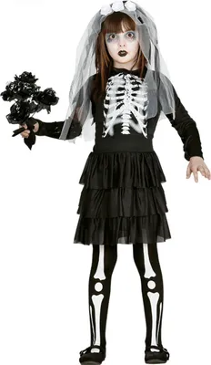 Produktbild von Skelett Braut Halloween Kinder Kostüm, Größe: 10 - 12 Jahre Farbe: Schwarz