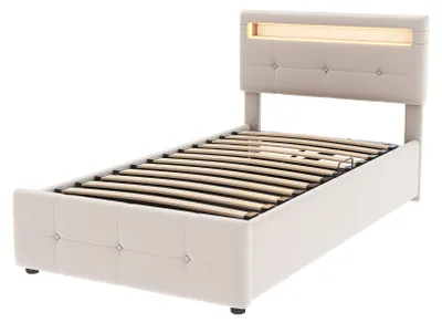 Productafbeelding van Gestoffeerd bed 90x200 cm, met LED-verlichting, met opbergruimte, met gestoffeerd hoofdeinde, met lattenbodem, beige