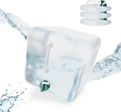 Obrázek produktu pro Relaxdays – sada 4 skládacích kanystrů, 20 litrů, skládací kanystry na vodu s kohoutkem, bez BPA, plastové kanystry, průhledné/zelené