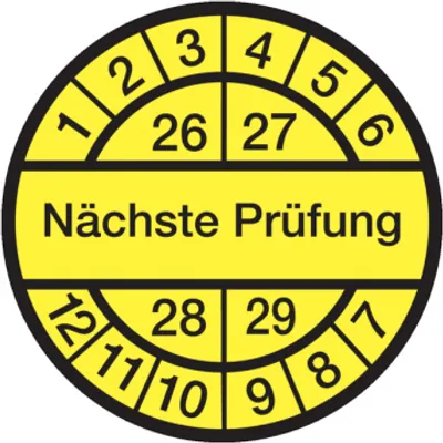 Produktbild von Dreifke® Aufkleber Prüfplakette, Nächste Prüfung, schwarz/gelb, Folie, Ø 12, ...