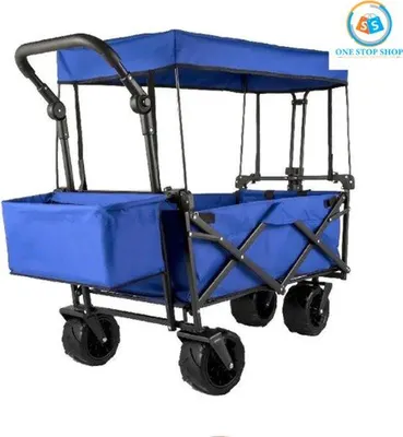 Immagine prodotto di Carrozzina pieghevole per bambini con ruote antiscivolo - Carrello da campeggio blu per 1-2 bambini - massimo 100 kg - con maniglia spinta
