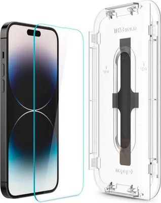 A screen protector and installation frame for an iPhone 14 Pro Max.