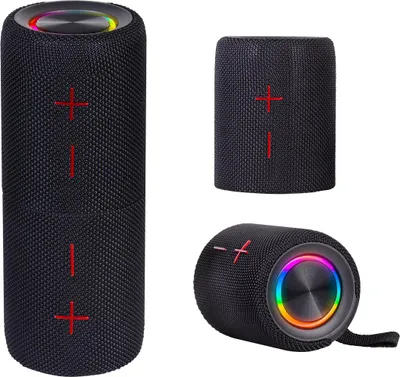 Three views of a black portable speaker with red plus and minus symbols and a colorful LED light ring.