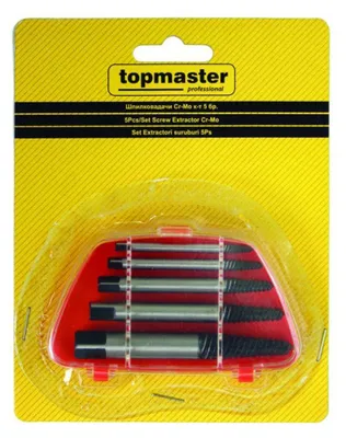 Immagine prodotto di Set 5 estrattori per rimozione viti e bulloni danneggiati , kit attrezzi di rimozione con punte per trapano, estrattori, in lega di acciaio, Topmaster
