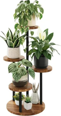 Produktbild von Pflanzenständer Holz Metall - Blumenständer 4 Schichten - Dekorative Verwendung - Stilvolle Kombination - 4 Schichten - Braun