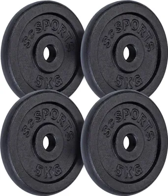 Four black weight plates are arranged in a two-by-two grid against a white background.