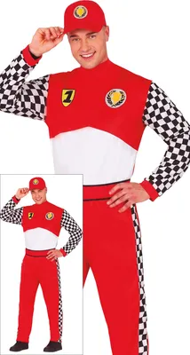 Productafbeelding van Sportief coureur carnaval kostuum, rood en zwart geruit. Snelheid en motorsport, maat: 48 - 50 (M), kleur: rood