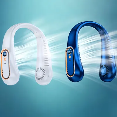 Produktbild von 2 Stück Tragbarer Nackenventilator, Flügelloser Ventilator mit 4000mAh, 5 Geschwindigkeiten, Digitalanzeige, 4‑Kanal Nackenventilator, Weiß+Blau