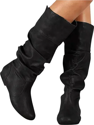 Produktbild von ASKSA Damen Stiefeletten Overknees Stiefel Flach Cowboystiefel Kniehoch Langschaft Stiefel, Schwarz, Größe: 40