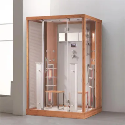 Produktbild von PureHaven 2in1 Dampfdusche und Infrarotsauna 145x90x215 cm Aluminiumrahmen komplettem Zubehör Tropenbrause Sitzfläche Radio Massagefunktion holzfarben