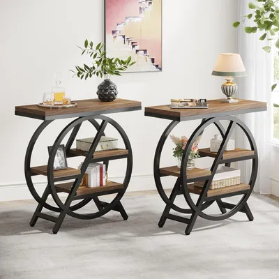 Image de Table d'appoint à 3 niveaux, en bois, de dimensions 65x30 cm. Table basse et table d'appoint de style industriel pour le salon