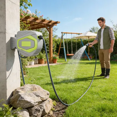 Produktbild von QEENTOE Wandmontage Schlauchtrommel 30M Gartenschlauch, Schlauchaufroller mit Handbrause und Anschlüssen, Automatik-Aufrollung 10 Sprühmodi Grün
