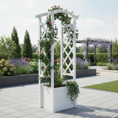 Produktbild von Rosenbogen mit Pflanzkasten Holz Rankgitter Pergola Säule Weiß