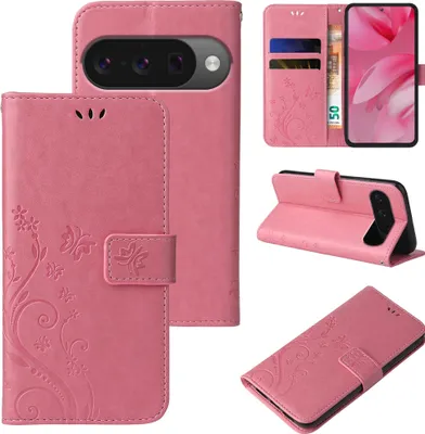Produktbild von Handyhülle für Google Pixel 10 Floral Blumen Schmetterling Flip Cover Hülle Case Klapphülle Handytasche Farbe: Rosegold