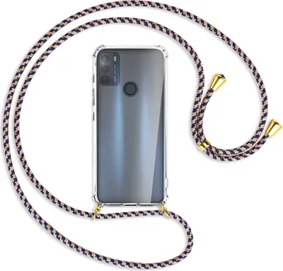 Produktbild von Handykette Backcover-Schutzhülle mit Band (Metall goldfarben) für Motorola Moto G50 (XT2137) - blau+beige