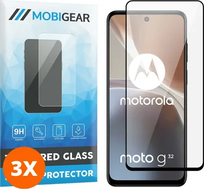 Produktbild von Mobigear Premium 9.98 Motorola Moto G32 Panzerglas Gehärtetes Glas Displayschutz - Hüllenfreundlich - Schwarz (3er Pack)