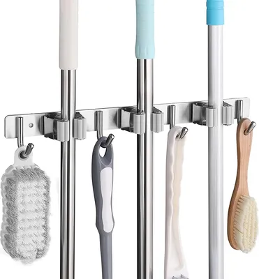 Produktbild von Wandhalterung für Besen - Edelstahl - Besenhalter mit 3 Schlitzen und 4 Haken - Wandhalterung für Besen - Zuhause Küche Badezimmer Garage Garten - Grau