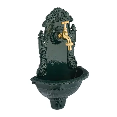 Immagine prodotto di Fontana da parete Relaxdays, con rubinetto, stile antico, lavabo da giardino, fusione di alluminio, A x L x P: 40 x 24,5 x 15 cm, verde/oro