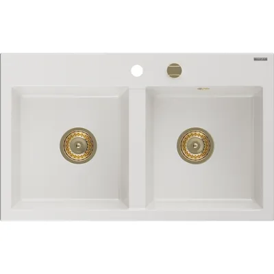 Zdjęcie produktu dla Mexen Hektor zlewozmywak granitowy 2-komorowy 800 x 480 mm, biały, syfon złoty - 6521802000-20-G