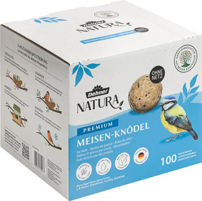 Produktbild von Dehner Natura Premium Meisenknödel ohne Netz, ganzjähriges Wildvogelfutter proteinreich / energiereich, Vogelfutter für Wildvögel, 100 Stück je 90 g (9 kg), Karton aus FSC®-er Produktion