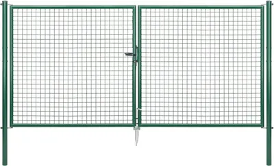 A green metal double gate with a wire mesh infill, shown against a white background.