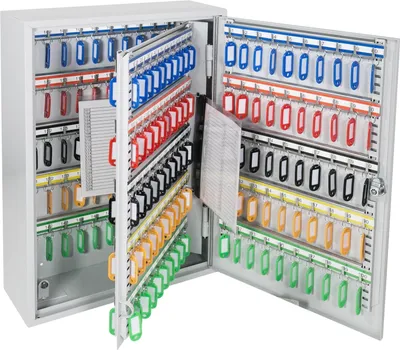 Produktbild von Schlüsselschrank aus Stahl, abschließbar mit 200 Haken, 55x38x14 cm, HMF, Grau