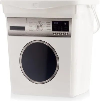 A white storage container with a lid, designed to look like a washing machine with a control panel and a circular door.