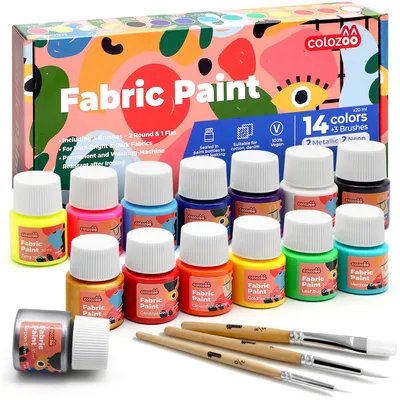 Produktbild von TITLE Colozoo Textilfarbe Set waschmaschinenfest – 14x20ml Stoffmalfarbe inkl. Metallic & Neon | Für helle & dunkle Textilien mit 3 Pinseln